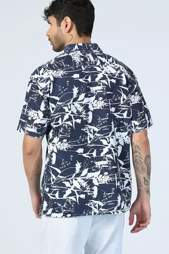 Aurora leaf printed blue half sleeves shirt