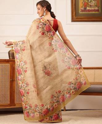 Beige printed silk cotton ethnic saree with blouse piece 3