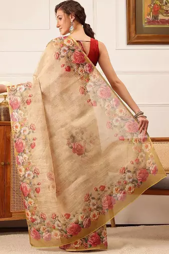 Beige printed silk cotton ethnic saree with blouse piece