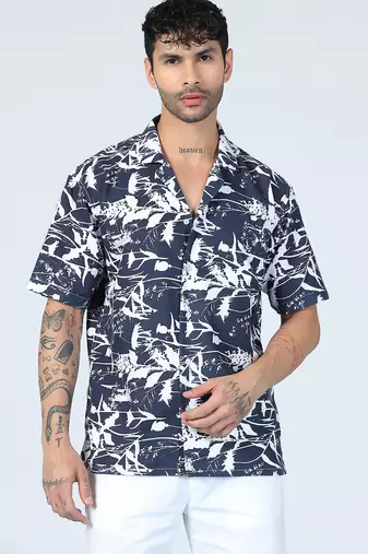 Aurora leaf printed blue half sleeves shirt