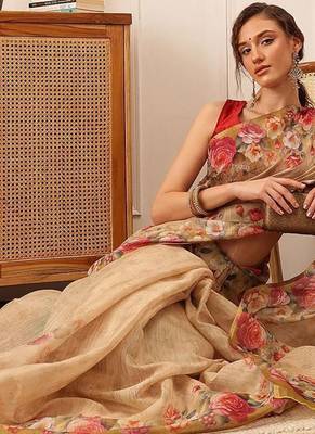 Beige printed silk cotton ethnic saree with blouse piece 4