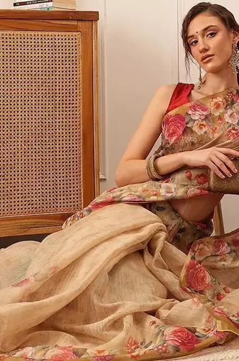 Beige printed silk cotton ethnic saree with blouse piece
