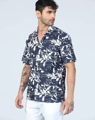 Aurora leaf printed blue half sleeves shirt 4