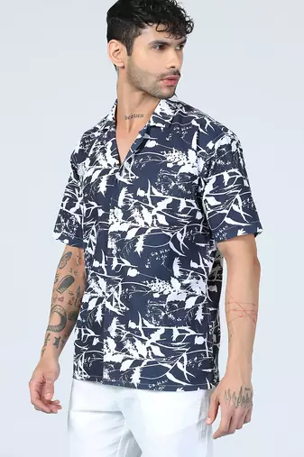 Aurora leaf printed blue half sleeves shirt