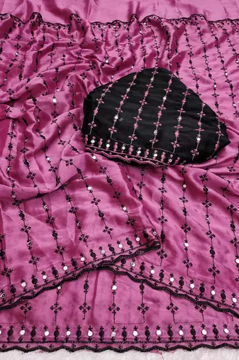 Stunning pink viscose rangoli silk saree with black embroidery and mirror work