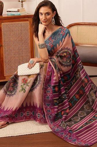 Beige printed silk cotton ethnic saree with blouse piece