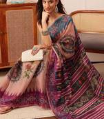 Beige printed silk cotton ethnic saree with blouse piece