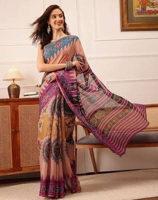 Beige printed silk cotton ethnic saree with blouse piece 2