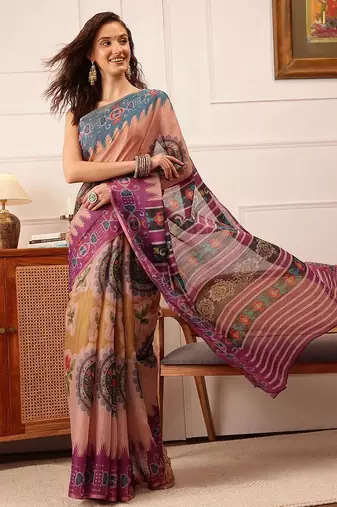 Beige printed silk cotton ethnic saree with blouse piece