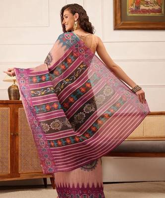 Beige printed silk cotton ethnic saree with blouse piece 3