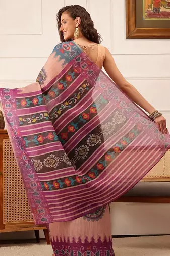 Beige printed silk cotton ethnic saree with blouse piece