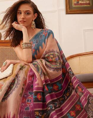 Beige printed silk cotton ethnic saree with blouse piece 4
