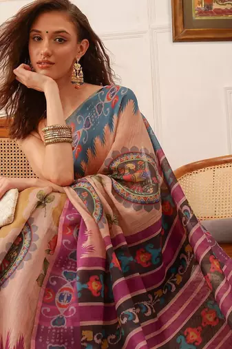 Beige printed silk cotton ethnic saree with blouse piece