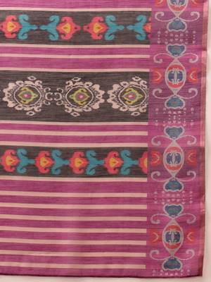 Beige printed silk cotton ethnic saree with blouse piece 5
