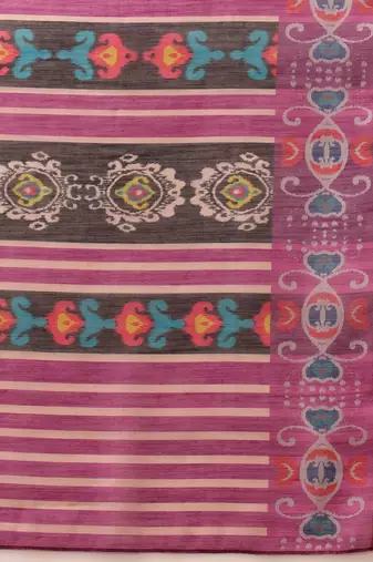 Beige printed silk cotton ethnic saree with blouse piece