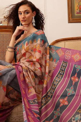 Purple printed silk cotton ethnic saree with blouse piece