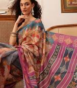 Purple printed silk cotton ethnic saree with blouse piece