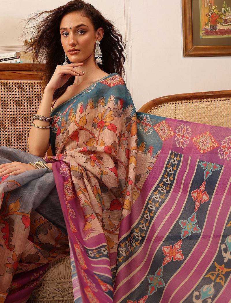 Purple printed silk cotton ethnic saree with blouse piece