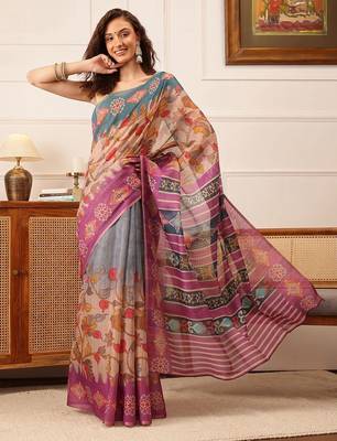 Purple printed silk cotton ethnic saree with blouse piece 2