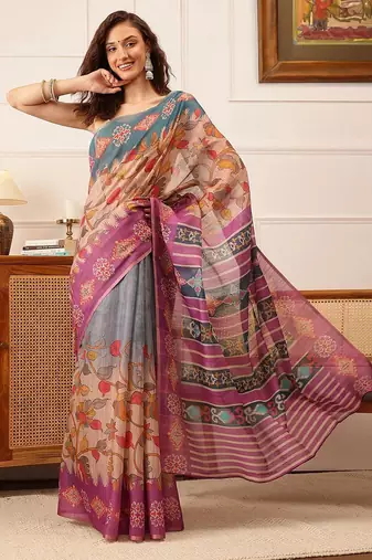 Purple printed silk cotton ethnic saree with blouse piece
