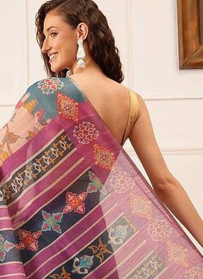 Purple printed silk cotton ethnic saree with blouse piece 3