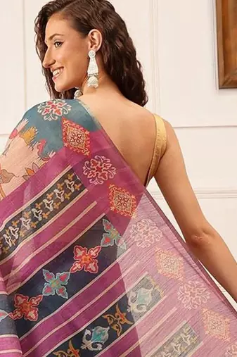 Purple printed silk cotton ethnic saree with blouse piece