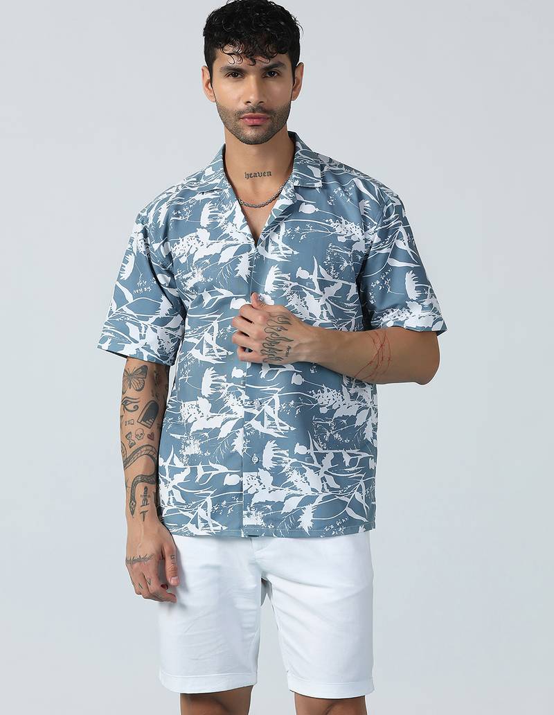 Airglow forest printed blue half sleeves shirt