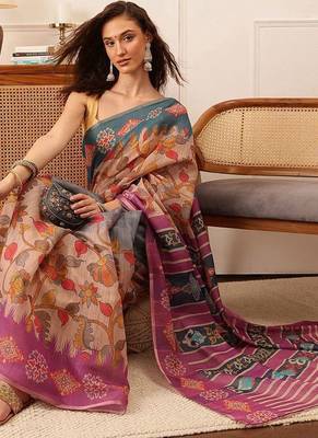 Purple printed silk cotton ethnic saree with blouse piece 4