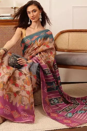 Purple printed silk cotton ethnic saree with blouse piece