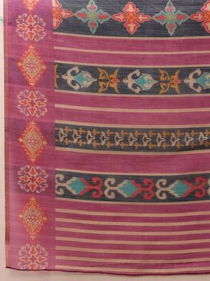 Purple printed silk cotton ethnic saree with blouse piece 5