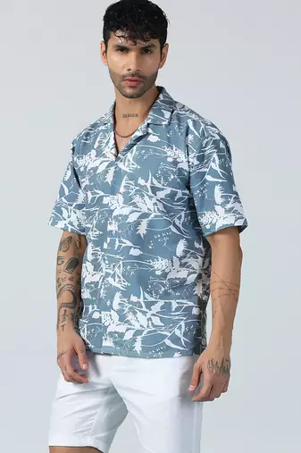 Airglow forest printed blue half sleeves shirt