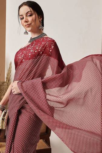 Maroon printed cotton blend ethnic saree with blouse piece