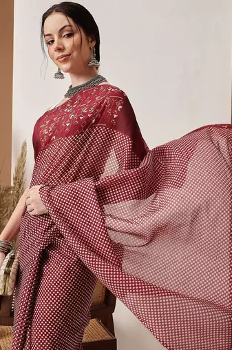 Maroon printed cotton blend ethnic saree with blouse piece