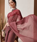 Maroon printed cotton blend ethnic saree with blouse piece