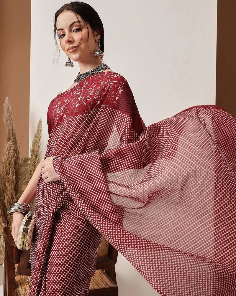 Maroon printed cotton blend ethnic saree with blouse piece
