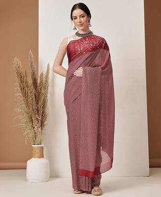 Maroon printed cotton blend ethnic saree with blouse piece 2
