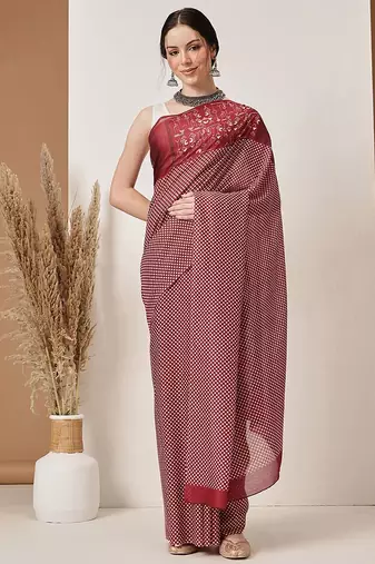 Maroon printed cotton blend ethnic saree with blouse piece