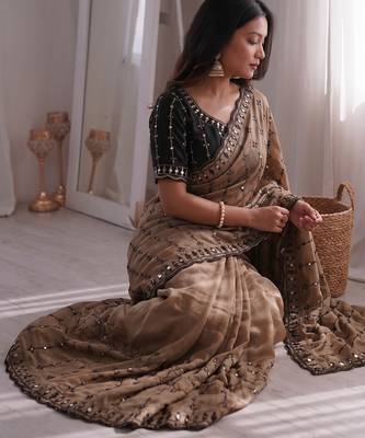 Stunning beige viscose rangoli silk saree with black embroidery and mirror work 5