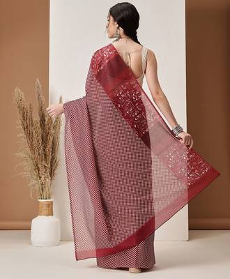 Maroon printed cotton blend ethnic saree with blouse piece 3