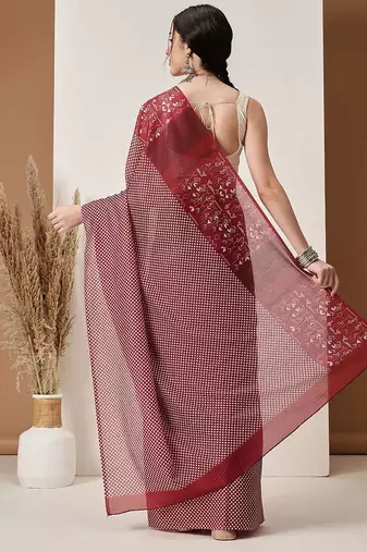 Maroon printed cotton blend ethnic saree with blouse piece