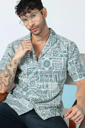 Tribal printed half sleeves blue shirt