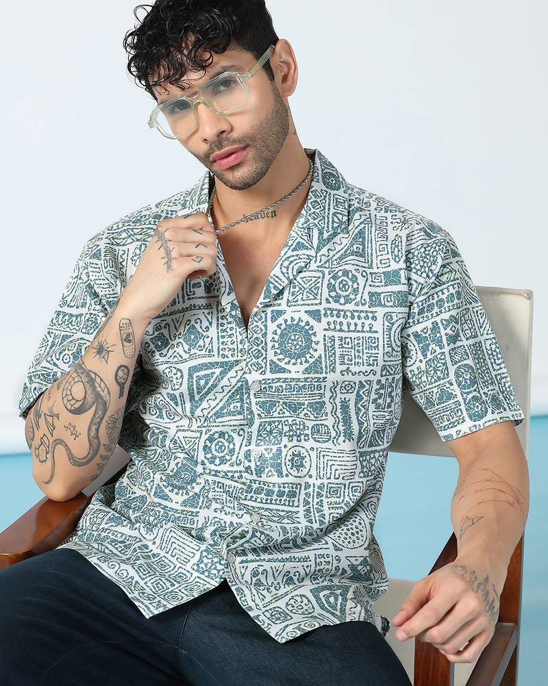 Tribal printed half sleeves blue shirt