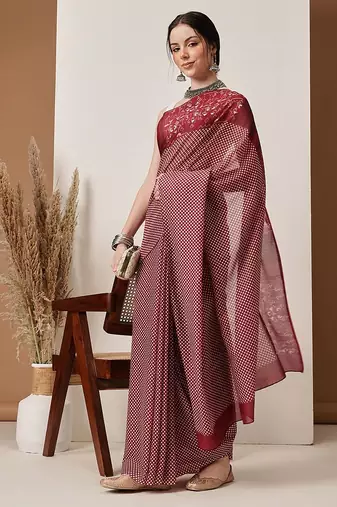 Maroon printed cotton blend ethnic saree with blouse piece