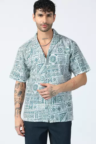 Tribal printed half sleeves blue shirt