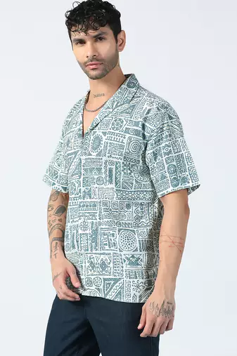 Tribal printed half sleeves blue shirt