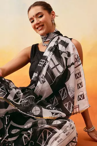 White printed cotton blend ethnic saree with blouse piece