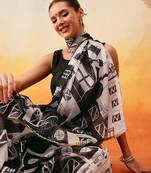 White printed cotton blend ethnic saree with blouse piece