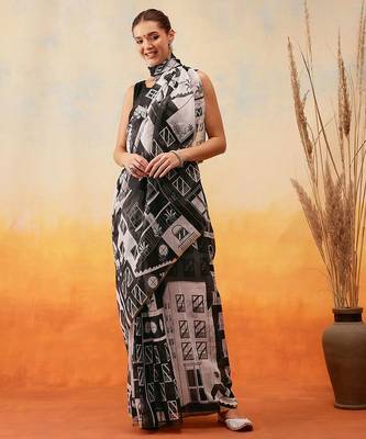 White printed cotton blend ethnic saree with blouse piece 2