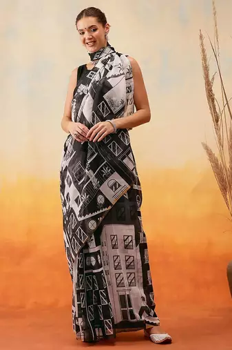 White printed cotton blend ethnic saree with blouse piece