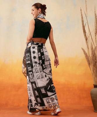 White printed cotton blend ethnic saree with blouse piece 3